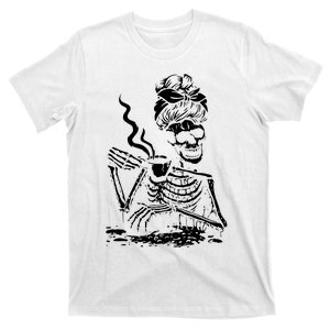 Skeleton Messy Bun Drink Coffee Shirts Cool Halloween Costume T-Shirt