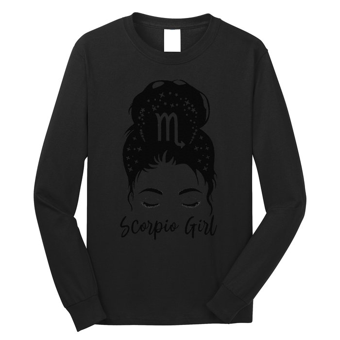 Scorpio Messy Bun Zodiac Symbol Woman Birthday Costume Long Sleeve Shirt