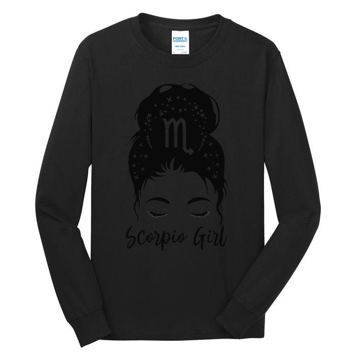 Scorpio Messy Bun Zodiac Symbol Woman Birthday Costume Tall Long Sleeve T-Shirt