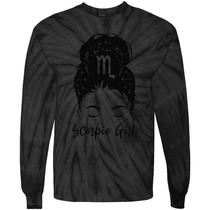 Scorpio Messy Bun Zodiac Symbol Woman Birthday Costume Tie-Dye Long Sleeve Shirt