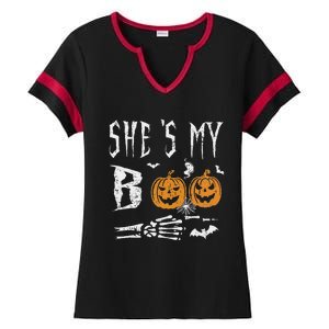 SheS My Boo Skeleton Hand Pumpkin Halloween Matching Funny Ladies Halftime Notch Neck Tee