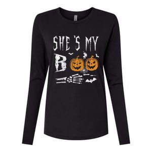 SheS My Boo Skeleton Hand Pumpkin Halloween Matching Funny Womens Cotton Relaxed Long Sleeve T-Shirt