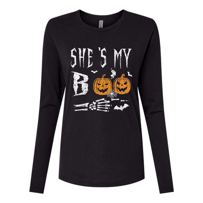 SheS My Boo Skeleton Hand Pumpkin Halloween Matching Funny Womens Cotton Relaxed Long Sleeve T-Shirt