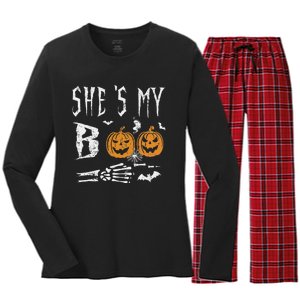 SheS My Boo Skeleton Hand Pumpkin Halloween Matching Funny Women's Long Sleeve Flannel Pajama Set 