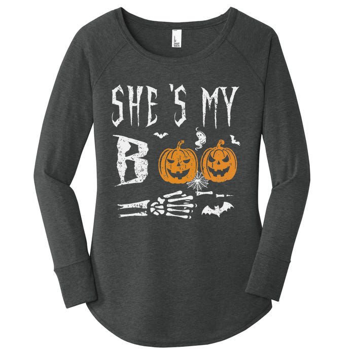 SheS My Boo Skeleton Hand Pumpkin Halloween Matching Funny Women's Perfect Tri Tunic Long Sleeve Shirt