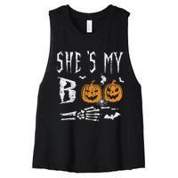 SheS My Boo Skeleton Hand Pumpkin Halloween Matching Funny Women's Racerback Cropped Tank