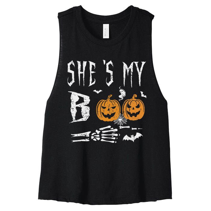 SheS My Boo Skeleton Hand Pumpkin Halloween Matching Funny Women's Racerback Cropped Tank