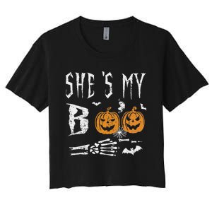 SheS My Boo Skeleton Hand Pumpkin Halloween Matching Funny Women's Crop Top Tee