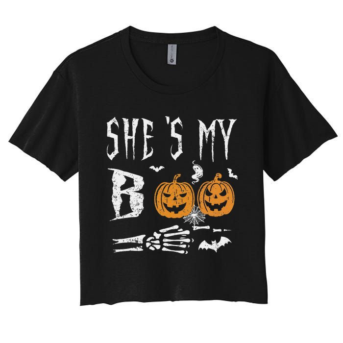 SheS My Boo Skeleton Hand Pumpkin Halloween Matching Funny Women's Crop Top Tee