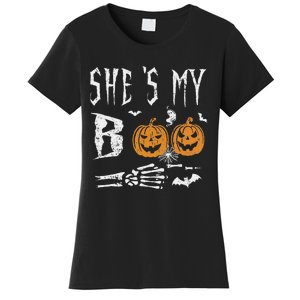 SheS My Boo Skeleton Hand Pumpkin Halloween Matching Funny Women's T-Shirt