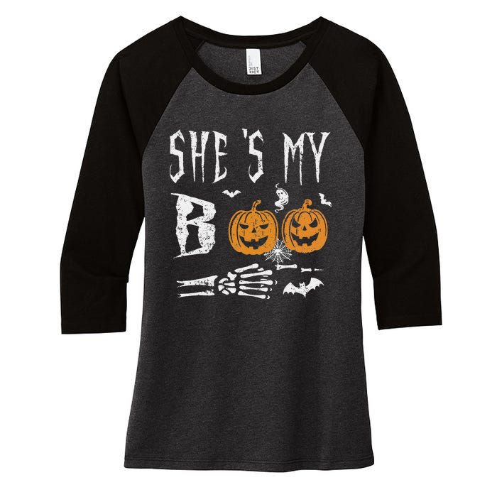 SheS My Boo Skeleton Hand Pumpkin Halloween Matching Funny Women's Tri-Blend 3/4-Sleeve Raglan Shirt