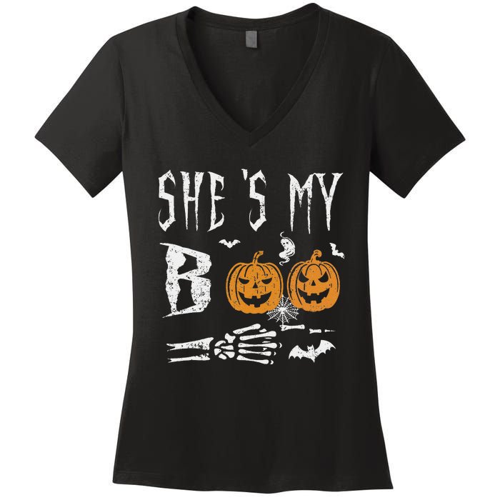 SheS My Boo Skeleton Hand Pumpkin Halloween Matching Funny Women's V-Neck T-Shirt