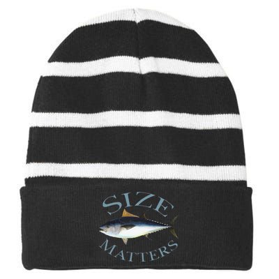 Size Matters Bluefin Tuna Fish Angler Gear Funny Fishing Pun Striped Beanie with Solid Band