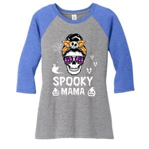 Skull Messy Bun Halloween Spooky Mama Mom Halloween Gift Women's Tri-Blend 3/4-Sleeve Raglan Shirt