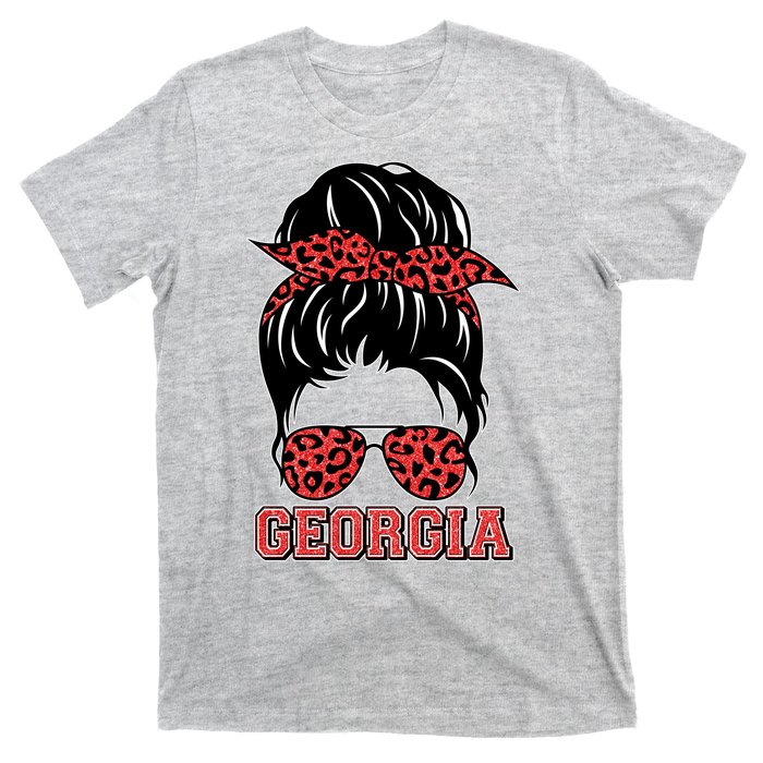 Stylish Messy Bun Woman Georgia College Football Sports Fan T-Shirt