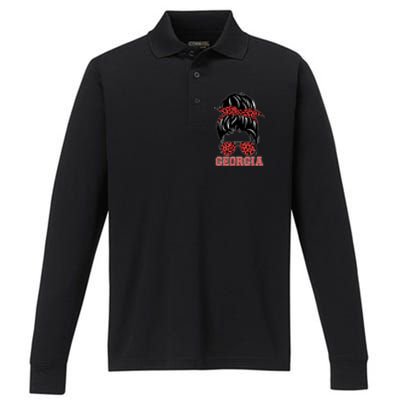 Stylish Messy Bun Woman Georgia College Football Sports Fan Performance Long Sleeve Polo