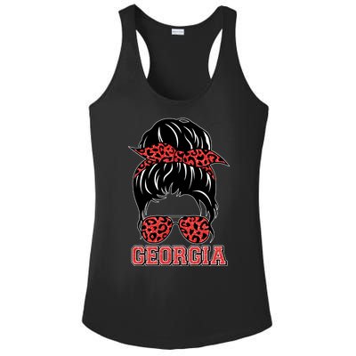 Stylish Messy Bun Woman Georgia College Football Sports Fan Ladies PosiCharge Competitor Racerback Tank