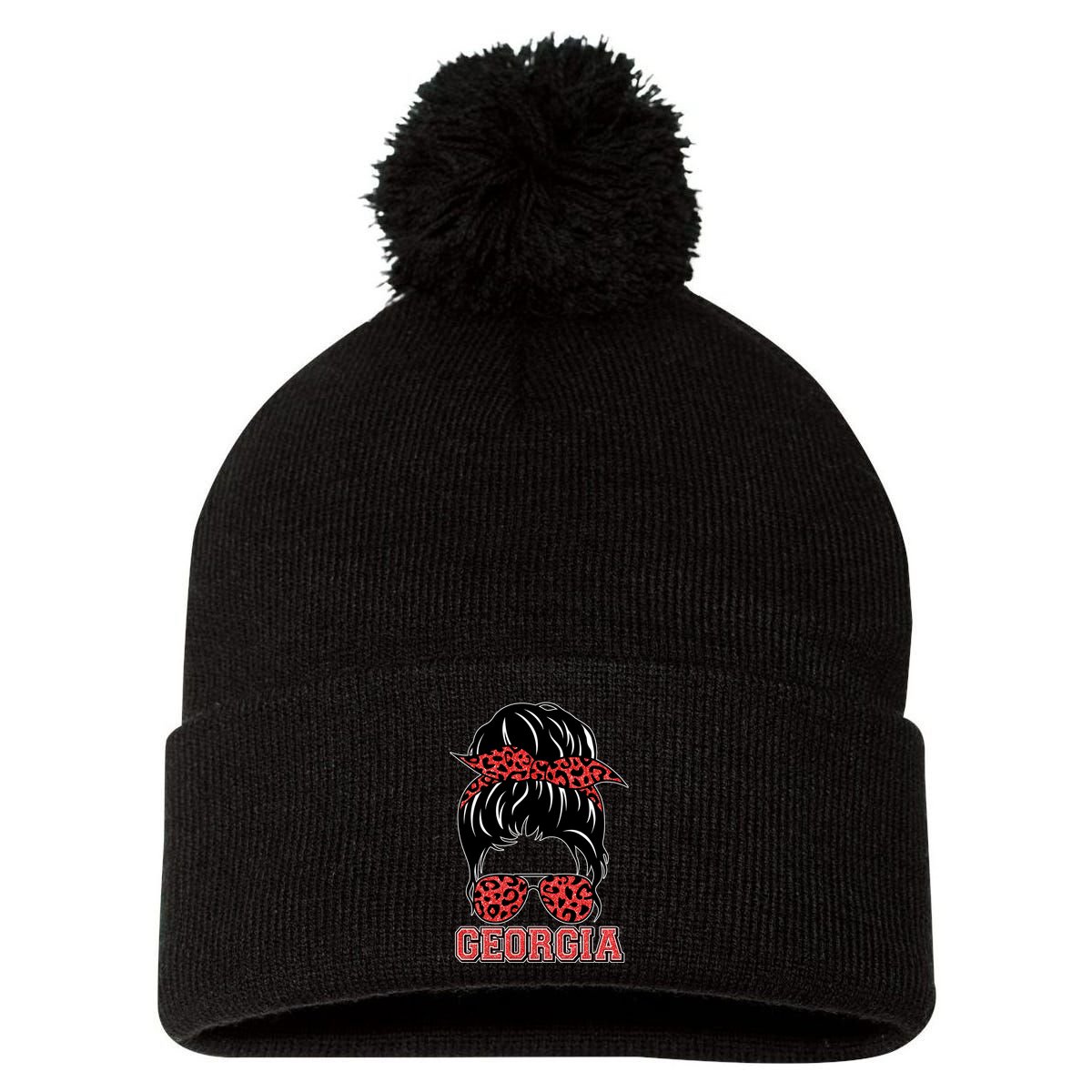 Stylish Messy Bun Woman Georgia College Football Sports Fan Pom Pom 12in Knit Beanie