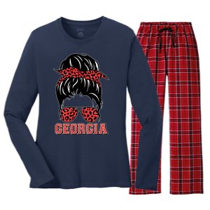 Stylish Messy Bun Woman Georgia College Football Sports Fan Women's Long Sleeve Flannel Pajama Set 