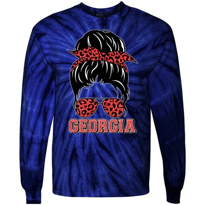 Stylish Messy Bun Woman Georgia College Football Sports Fan Tie-Dye Long Sleeve Shirt