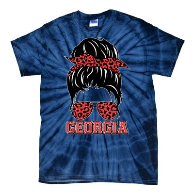 Stylish Messy Bun Woman Georgia College Football Sports Fan Tie-Dye T-Shirt