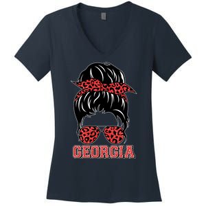 Stylish Messy Bun Woman Georgia College Football Sports Fan Women's V-Neck T-Shirt