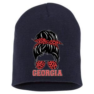 Stylish Messy Bun Woman Georgia College Football Sports Fan Short Acrylic Beanie