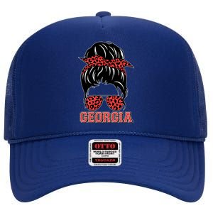 Stylish Messy Bun Woman Georgia College Football Sports Fan High Crown Mesh Back Trucker Hat