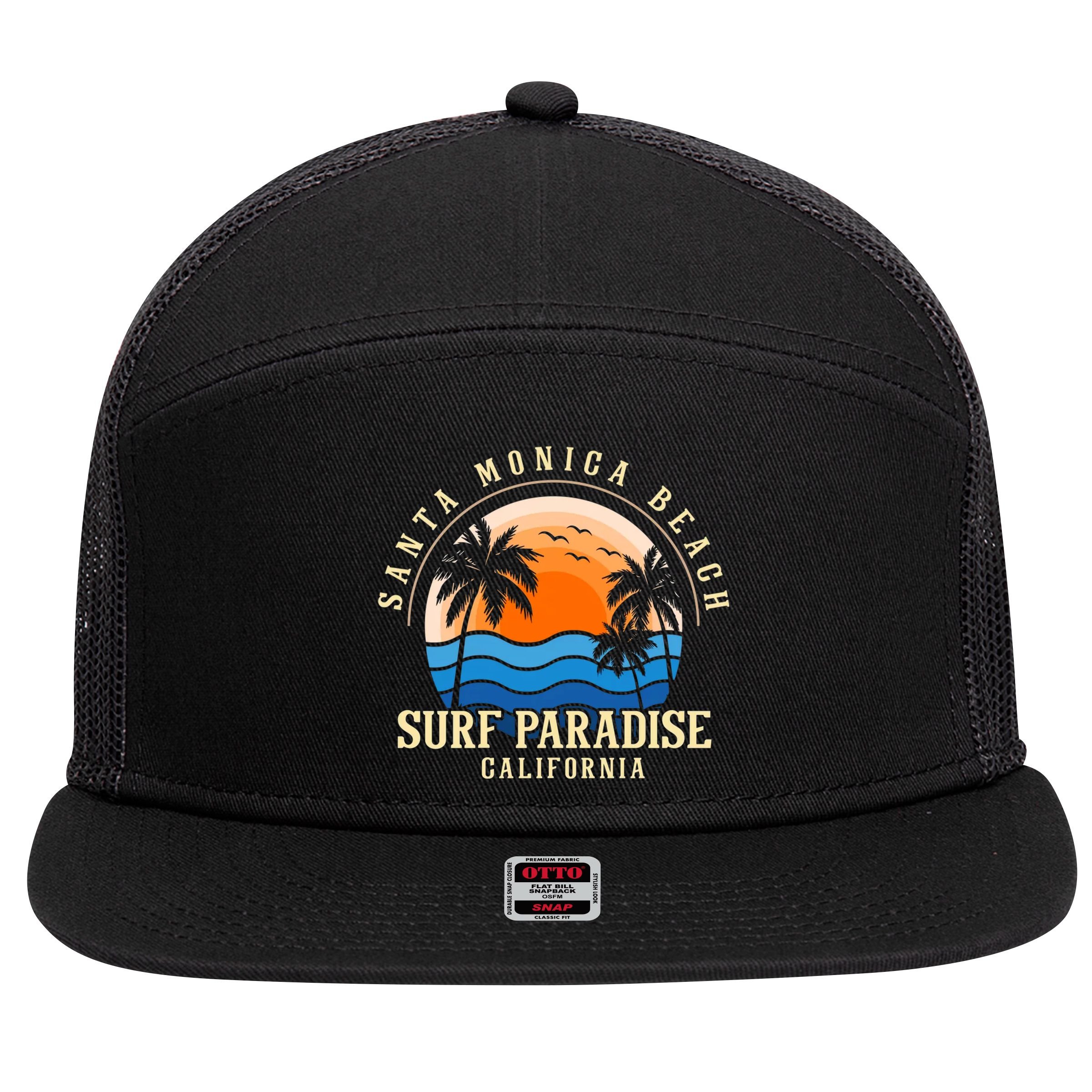 Santa Monica Beach California 7 Panel Mesh Trucker Snapback Hat