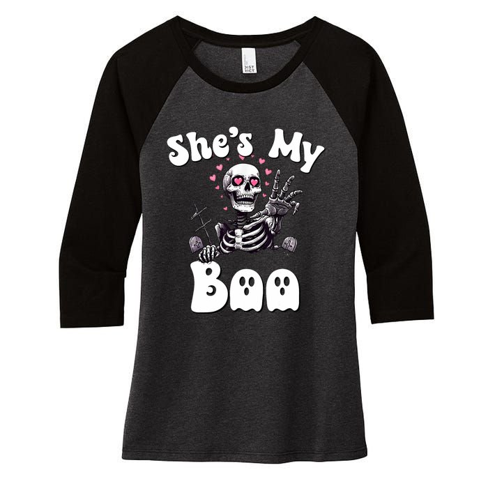 SheS My Boo Matching Halloween Pajama Couples HeS My Boo Women's Tri-Blend 3/4-Sleeve Raglan Shirt