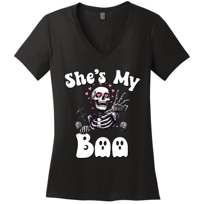 SheS My Boo Matching Halloween Pajama Couples HeS My Boo Women's V-Neck T-Shirt