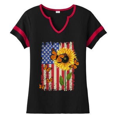 Sunflower Monarch Butterflies Patriotic American Flag Gift Ladies Halftime Notch Neck Tee