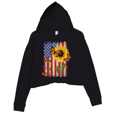 Sunflower Monarch Butterflies Patriotic American Flag Gift Crop Fleece Hoodie