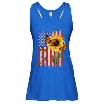 Sunflower Monarch Butterflies Patriotic American Flag Gift Ladies Essential Flowy Tank