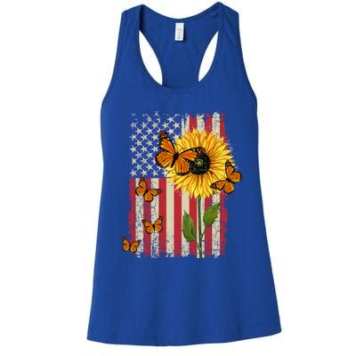 Sunflower Monarch Butterflies Patriotic American Flag Gift Women's Racerback Tank