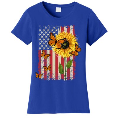 Sunflower Monarch Butterflies Patriotic American Flag Gift Women's T-Shirt