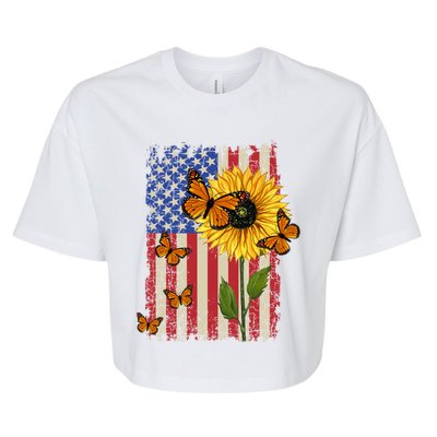 Sunflower Monarch Butterflies Patriotic American Flag Gift Bella+Canvas Jersey Crop Tee