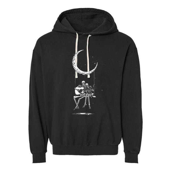 Skeleton Moon Band Rock And Roll Halloween Lazy Costume Garment-Dyed Fleece Hoodie