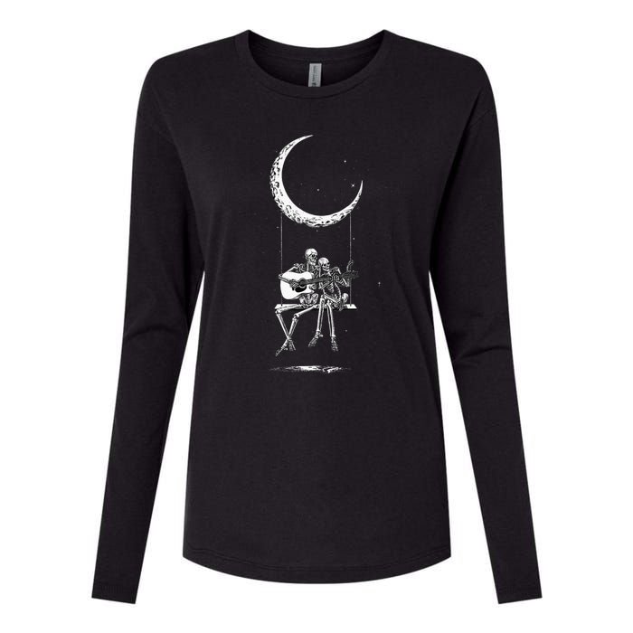 Skeleton Moon Band Rock And Roll Halloween Lazy Costume Womens Cotton Relaxed Long Sleeve T-Shirt