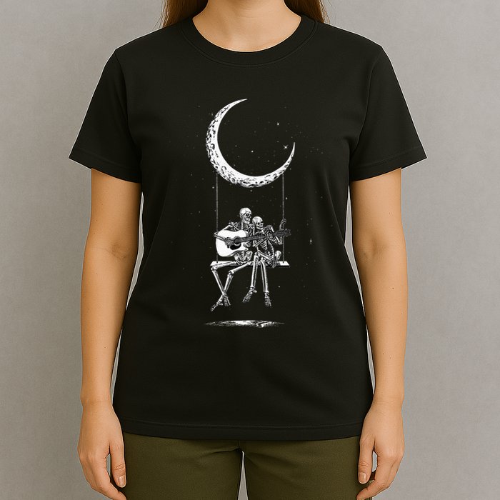 Skeleton Moon Band Rock And Roll Halloween Lazy Costume T-Shirt