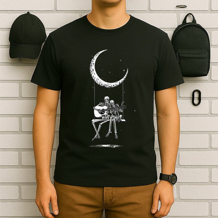 Skeleton Moon Band Rock And Roll Halloween Lazy Costume T-Shirt