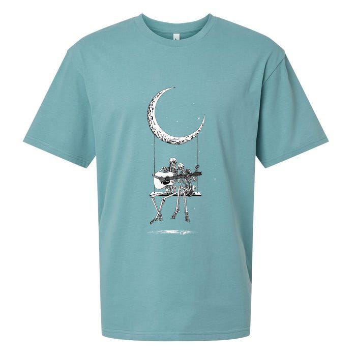 Skeleton Moon Band Rock And Roll Halloween Lazy Costume Sueded Cloud Jersey T-Shirt