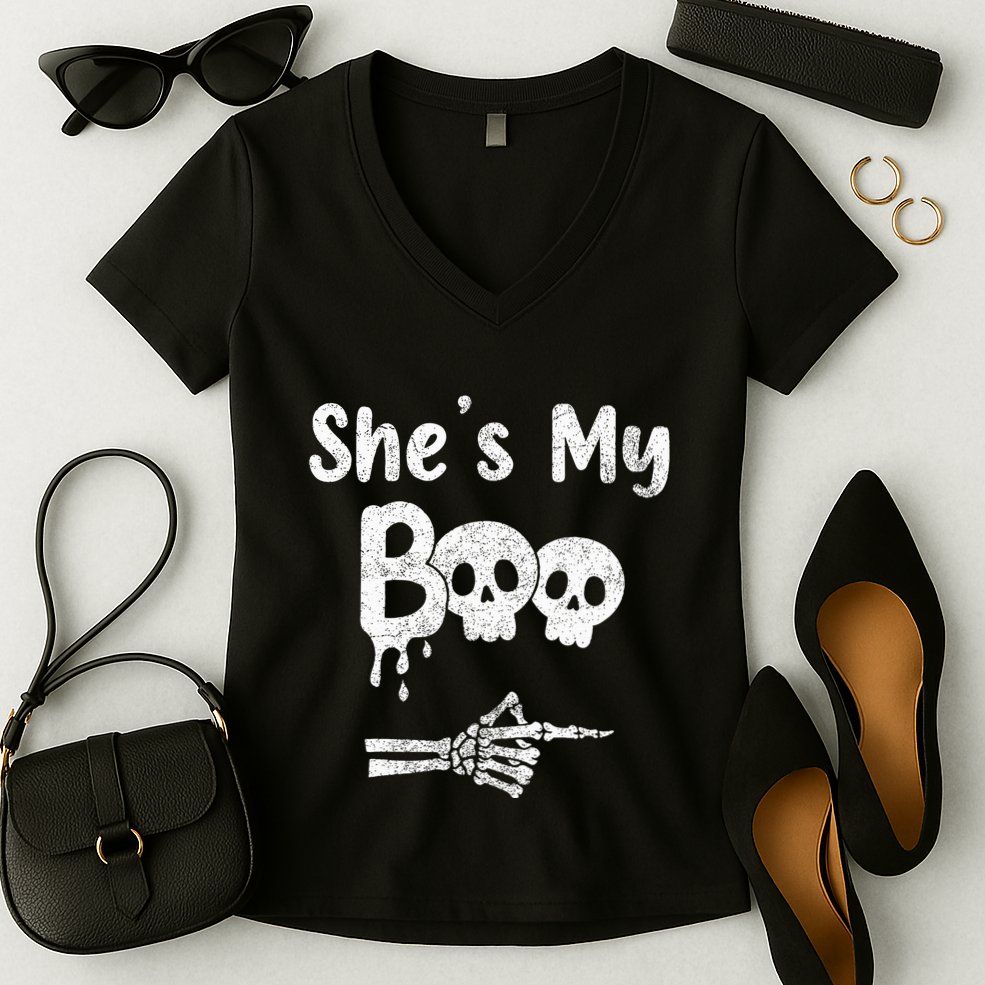 She’S My Boo Skull Face Women's V-Neck T-Shirt