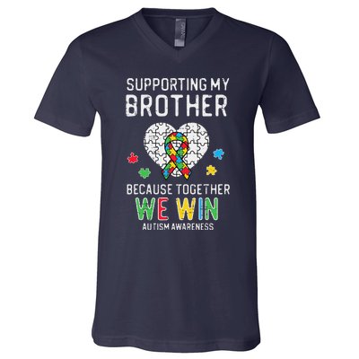 Supporting My Brother Together We Win Autism Aware Puzzle V-Neck T-Shirt