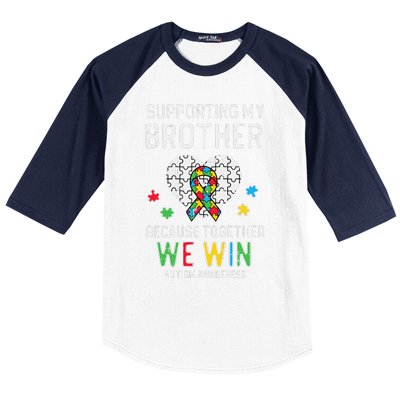 Supporting My Brother Together We Win Autism Aware Puzzle Baseball Sleeve Shirt