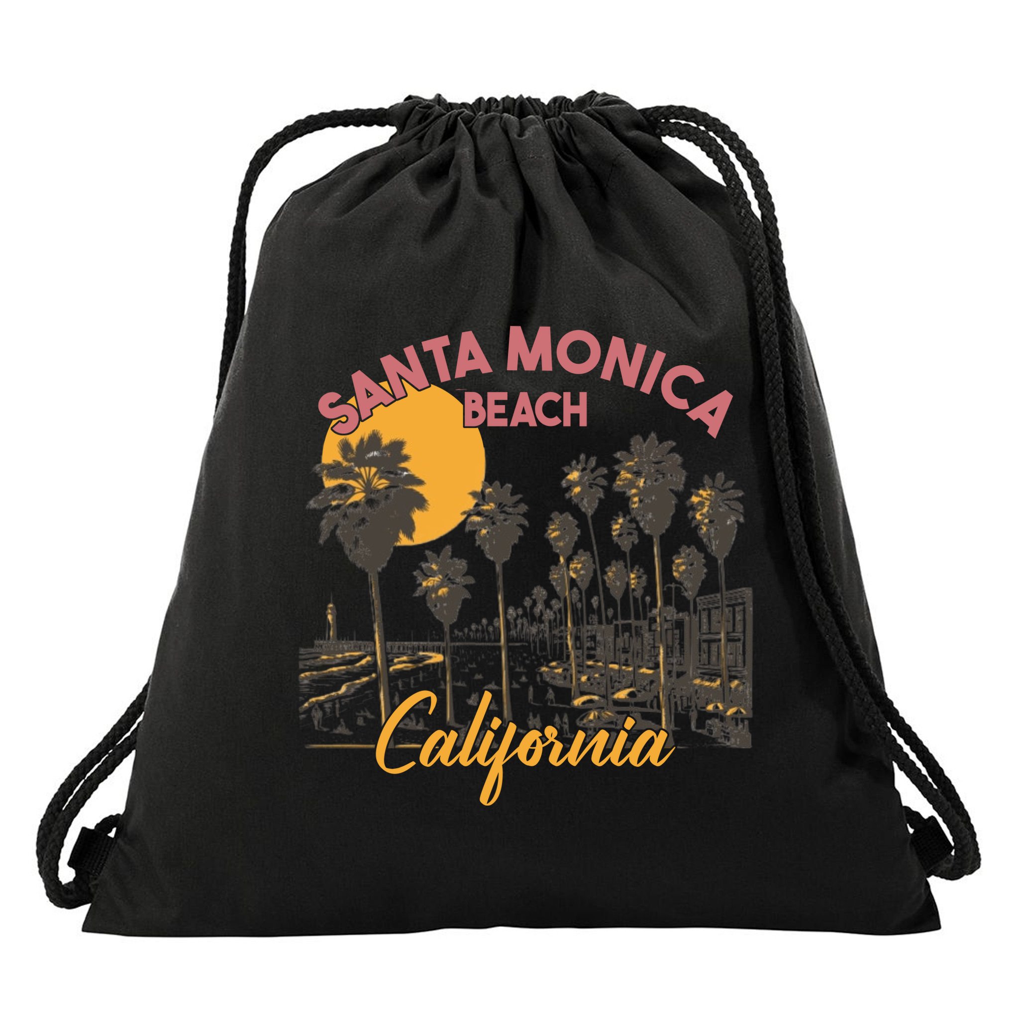 Santa Monica Beach California Summer Sunset Retro Drawstring Bag