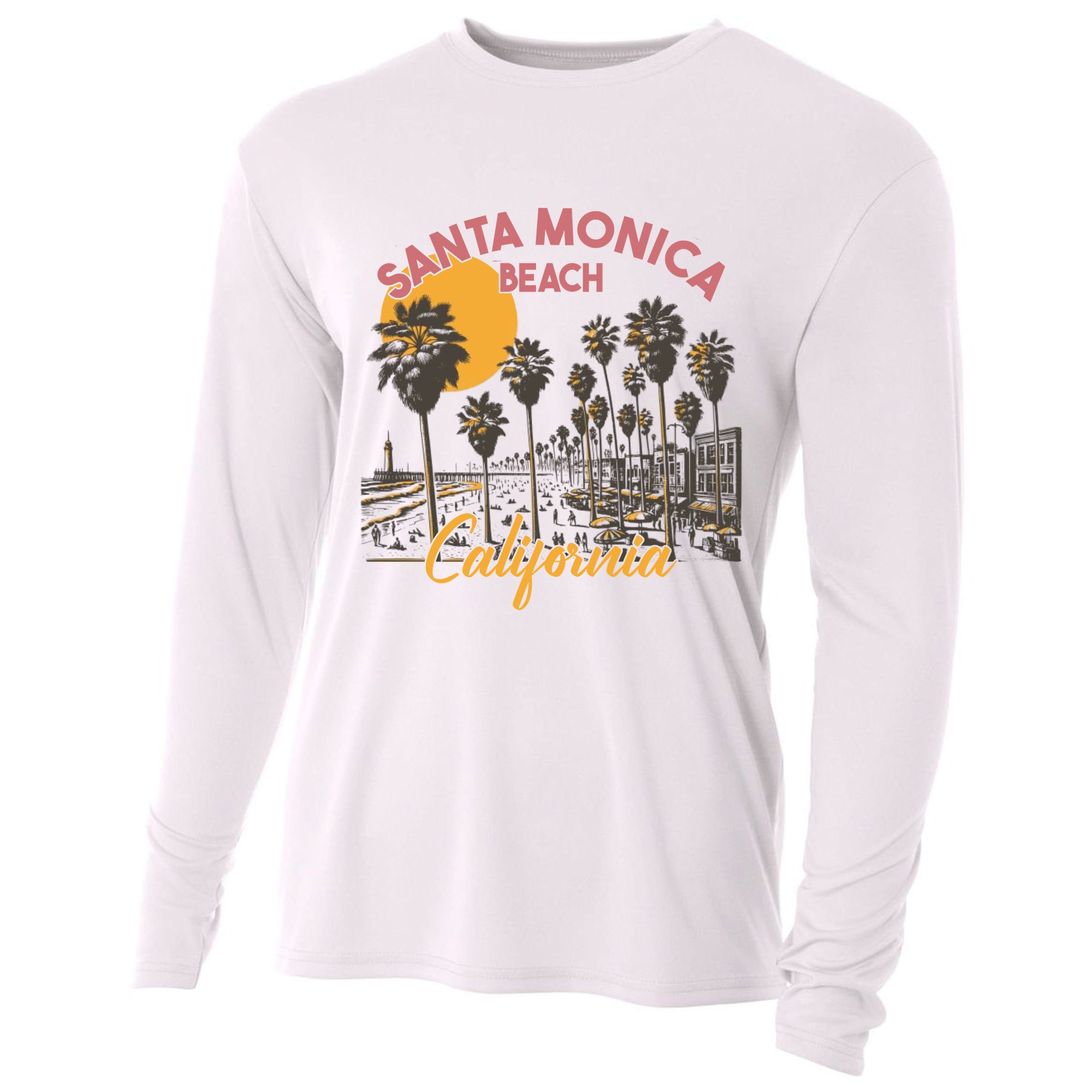 Santa Monica Beach California Summer Sunset Retro Cooling Performance Long Sleeve Crew