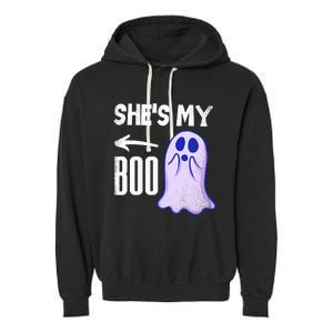 Shes My Boo Cute Ghost Matching Couple Halloween Costume Garment-Dyed Fleece Hoodie