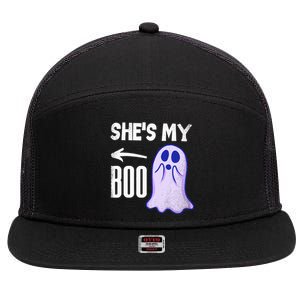 Shes My Boo Cute Ghost Matching Couple Halloween Costume 7 Panel Mesh Trucker Snapback Hat