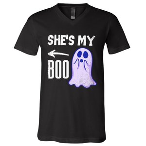 Shes My Boo Cute Ghost Matching Couple Halloween Costume V-Neck T-Shirt